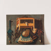 A trompe l&#039;oeil still life with a bird in a cage, a bird whistle, hunting horns and other hunting implements hanging on a wall by Johannes Leemans