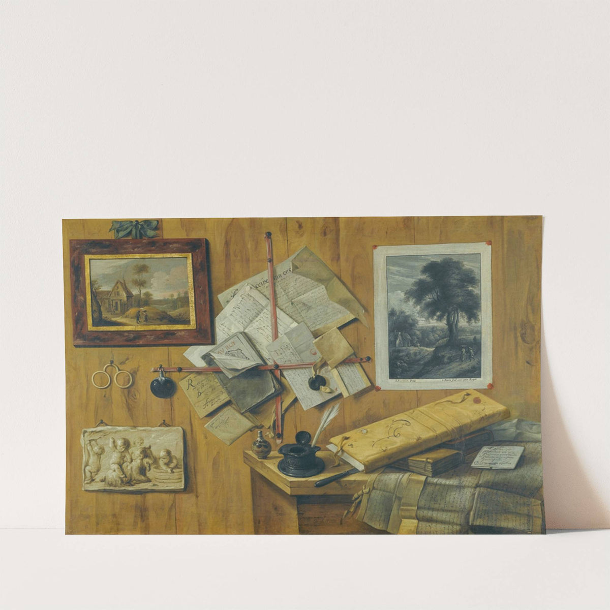 A Trompe L'oeil Still Life, With A Painted Landscape, A Relief And A Mezzotint Of Peasants By A Cottage by Jean François de La Motte