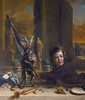 A Trompe L’oeilÂ with A Boy And A Monkey, A Formal Italianate Garden Beyond