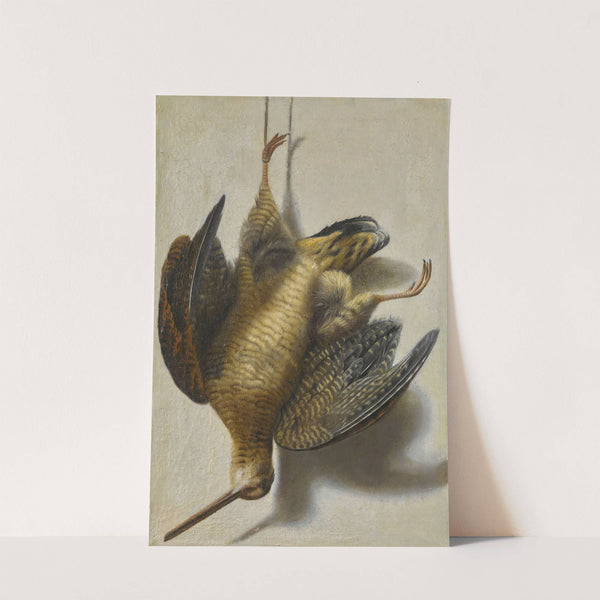 A trompe l&#039;oeil with a woodcock hanging before a wall by Cornelis Biltius