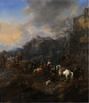 A troop of cavalrymen and other figures outside an inn, a hill fort beyond
