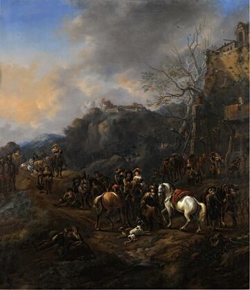 A troop of cavalrymen and other figures outside an inn, a hill fort beyond