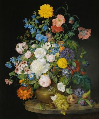 A Vase Of Camellias, Geraniums, Dahlias, A White Peony, Roses, Poppies And Other Flowers, With Fruit On A Stone Ledge