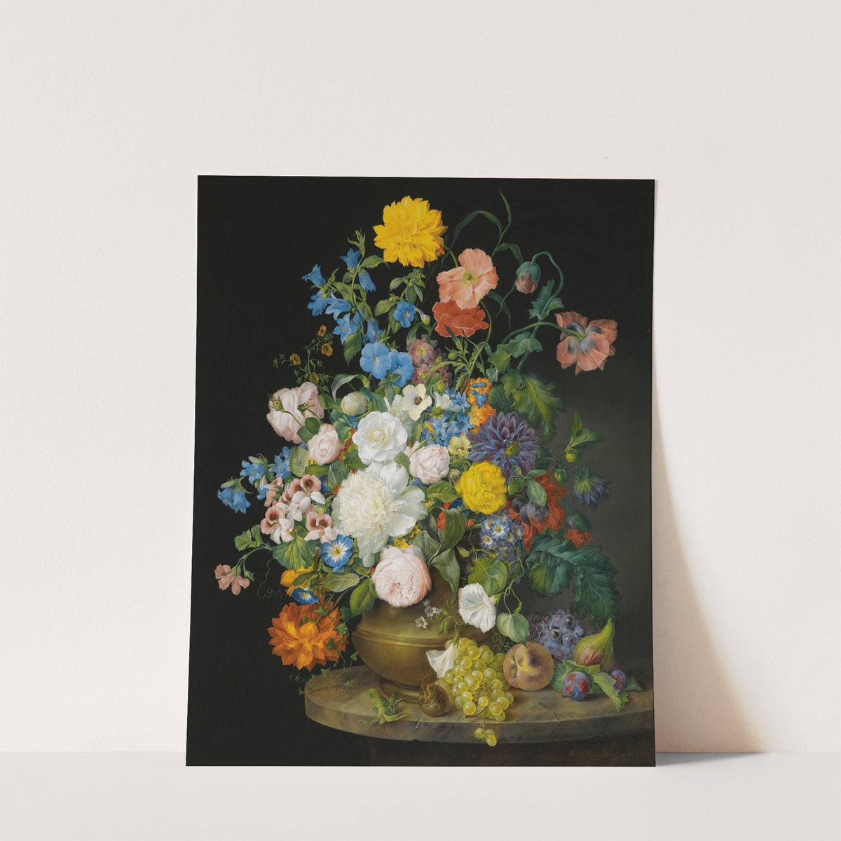 A Vase Of Camellias, Geraniums, Dahlias, A White Peony, Roses, Poppies And Other Flowers, With Fruit On A Stone Ledge by Franz Xaver Petter