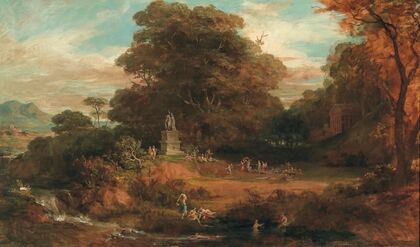 A Vast Idealised Landscape with Antique Figures around a Double Statue of Mars and Venus, Temple Architecture in the Background