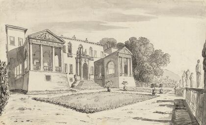 A view of a villa from a terrace with a balustrade surrounded by statues