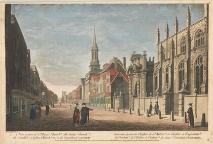 A View of part of St. Mary’s Church (a), All Saints Church (b), the Conduit (c), Carfax Church (d), & c. in the University of Oxford — size preview