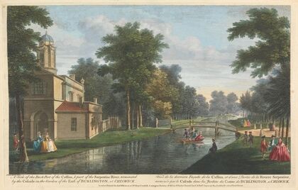 A View of the Back Part of the Cassina, & Part of the Serpentine River, terminated by the Cascade in the Garden of the Earl of Burlington, at Chiswick — size preview