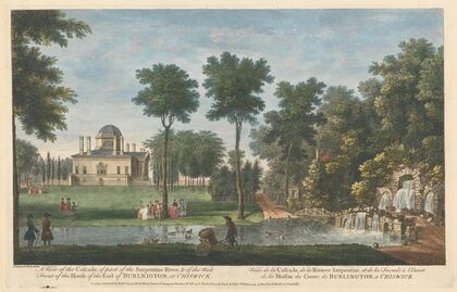 A View of the Cascade, of part of the Serpentine River, & of the West Front of the House of the Earl of Burlington, at Chiswick