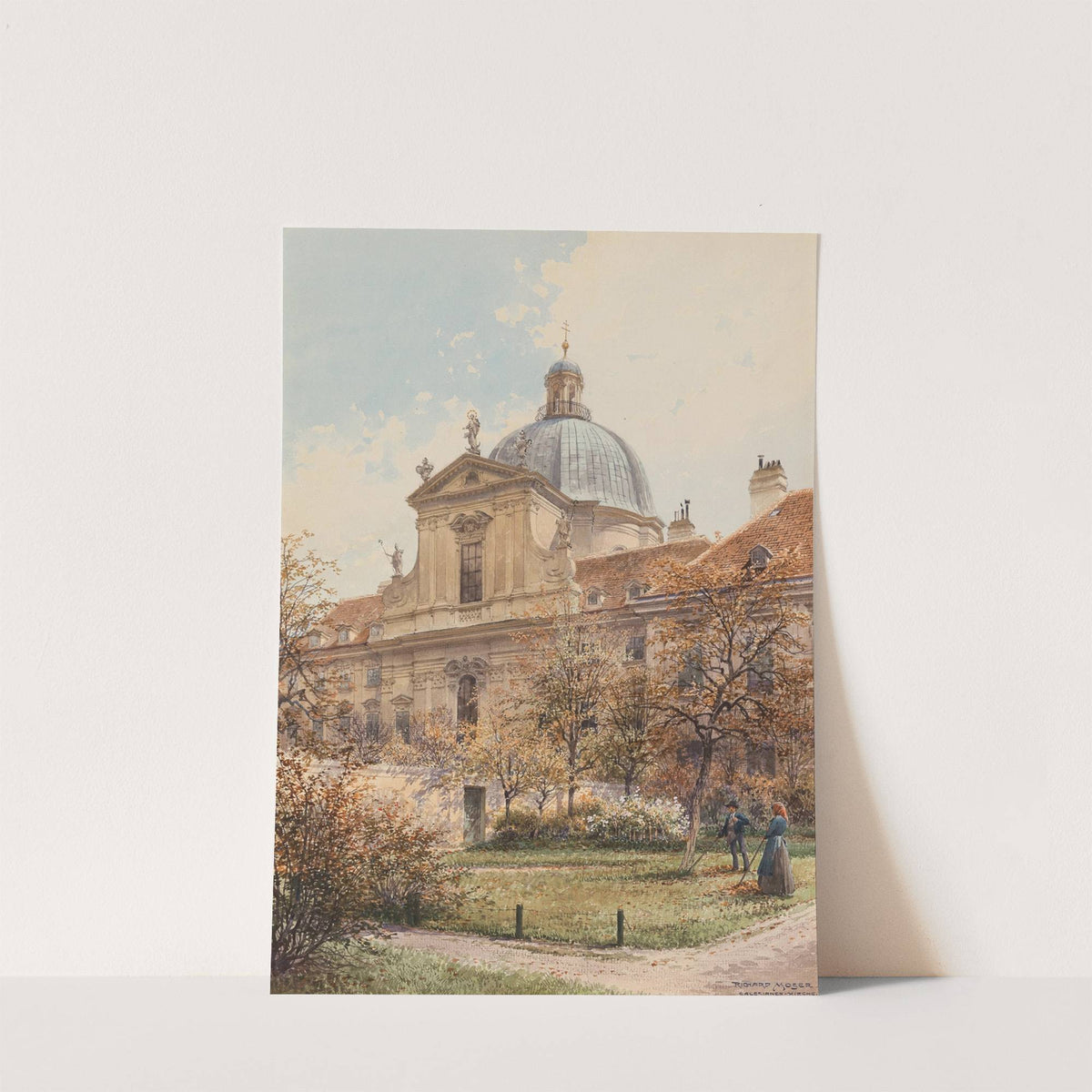 A view of the church and monastery of the Visitation of the Virgin (church of the Salesian sisters) a gardener in the foreground by Richard Moser