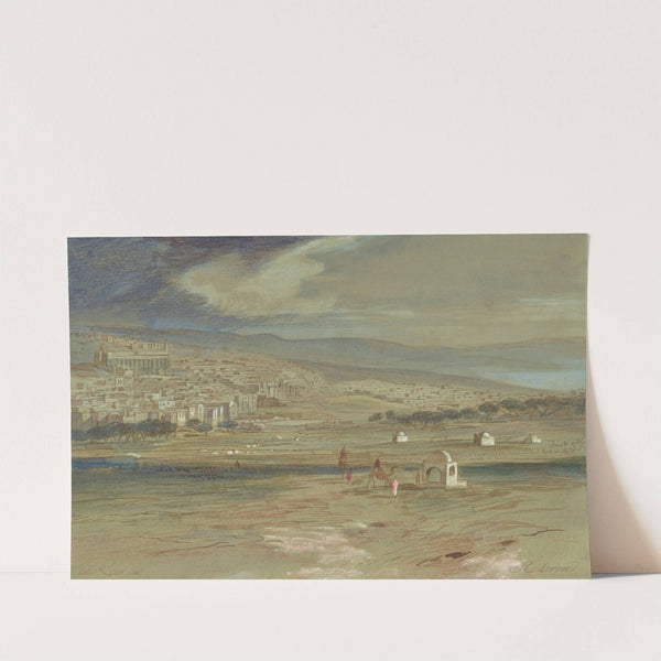 A view of the city of Hebron with camels and figures in the foreground by Edward Lear