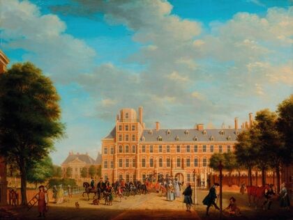 A view of The Hague, with Prince William V and Duke Louis Ernest of Brunswick-Lüneburg leaving the Buitenhof