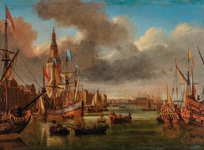 A view of the IJ, Amsterdam, with the Haringpakkerstoren and the Nieuwe Stadsherberg in the distance — size preview