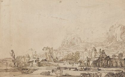 A view of the ruin of Huis ter Kleef near Haarlem, with cows and sheep, and mountains behind