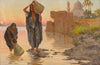A view of two water gatherers by a mosque