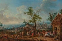 A village festival with figures dancing and playing games, a wedding ceremony beyond