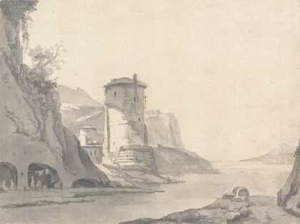 A Village in a Rocky Coastal Inlet with Round Tower on the Left Bank