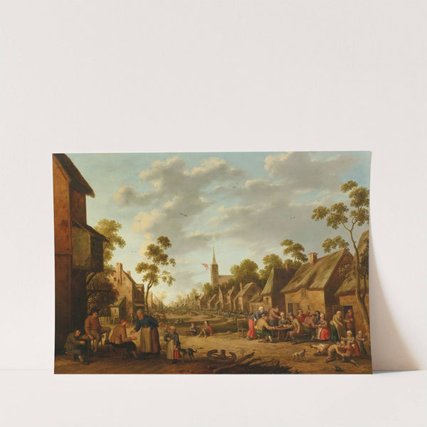 A village kermesse with people eating and drinking outside and children fighting on the ground by Joost Cornelisz Droochsloot