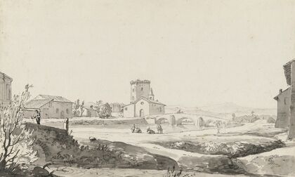 A village on a river with a three-arched bridge beside a small church and a fortified building beyond