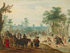 A village with numerous figures on a road