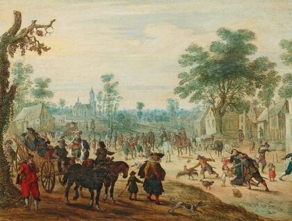 A village with numerous figures on a road