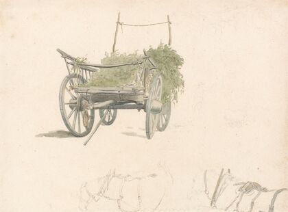 A Wagon With Hops and Two Sketches of Horses