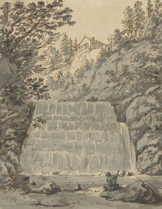 A Waterfall in Switzerland with a Resting Wayfarer