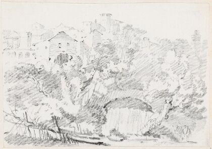 A Waterfall near a Hilltown in Italy