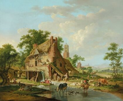 A watermill with farmyard animals and peasants, a landscape beyond