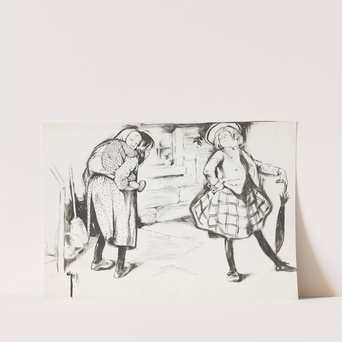 A wealthy girl turns up her nose at a poor girl, who is carrying a baby on her back. (1902) by Rose Cecil O'''Neill