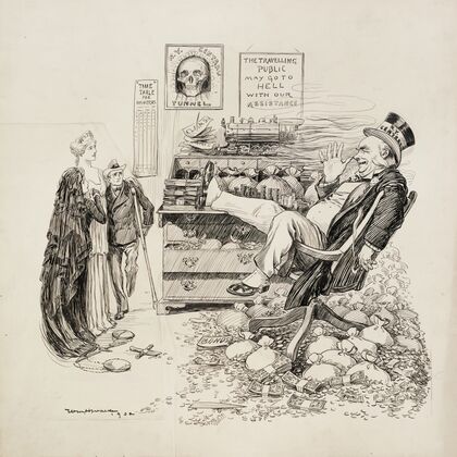 A wealthy man representing N.Y. Central thumbs his nose at a woman representing Justice who supports a widow and a man who has lost a leg (1902)