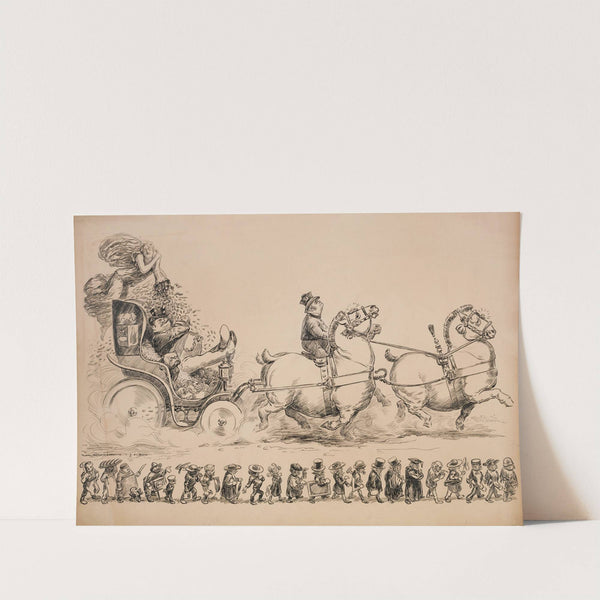 A wealthy man rides in a carriage pulled by fat horses with an angel showering him with money (1902) by William Henry Walker