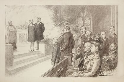 A wedding where all the members of the wedding party are stern men and the ‘bride’ is a young boy. (1900)