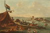 A winter harbour scene with ice-skaters