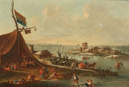 A winter harbour scene with ice-skaters