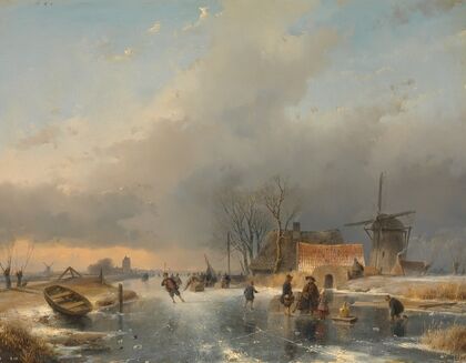 A winter landscape, on the right a windmill and houses by a frozen canal (1841)