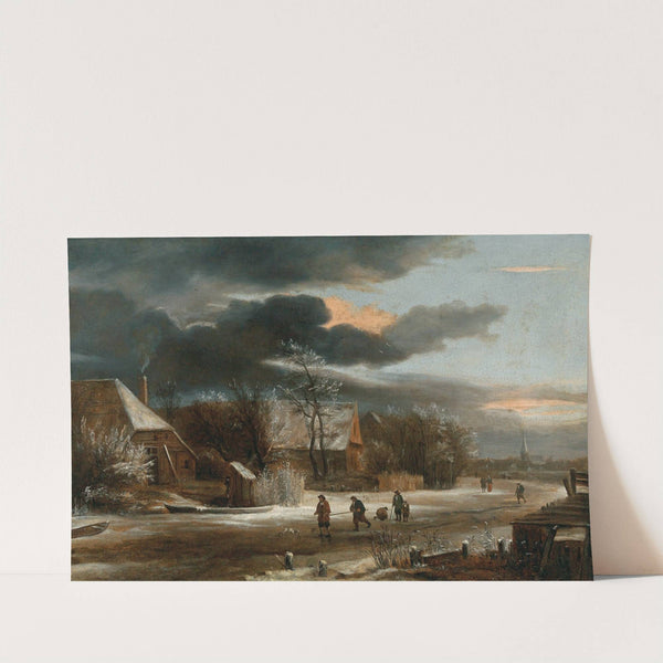 A winter landscape with a village and a frozen canal by Jacob van Ruisdael