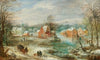 A winter landscape with a village and travellers on a path
