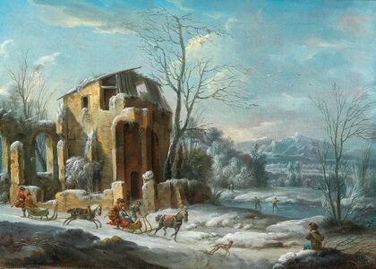 A winter landscape with an elegant company on sleighs drawn by horses