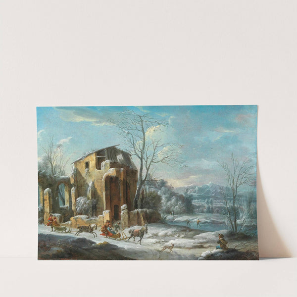A winter landscape with an elegant company on sleighs drawn by horses by Dirck Maas