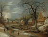 A winter landscape with figures by a frozen river in a village