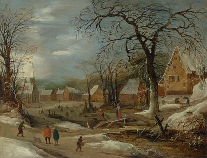A winter landscape with figures by a frozen river in a village