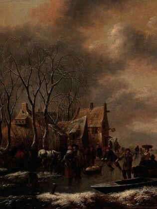 A winter landscape with figures on the ice