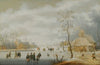 A Winter Landscape With Figures Skating On A Frozen River Beside A Village