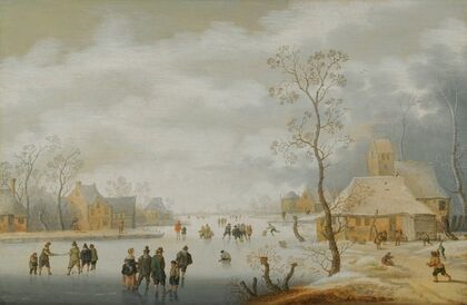 A Winter Landscape With Figures Skating On A Frozen River Beside A Village