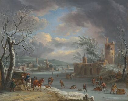 A winter landscape, with figures skating on a frozen river