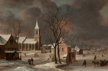 A winter landscape, with iceskaters and a church beyond