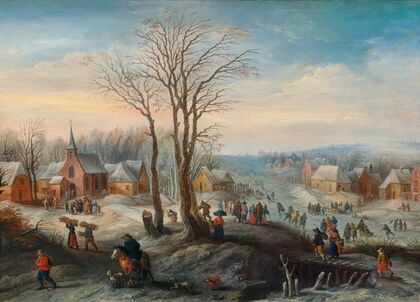 A winter landscape with numerous figures in a village