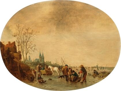 A winter landscape with skaters on the ice