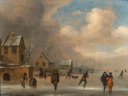 A winter landscape with skaters on the ice